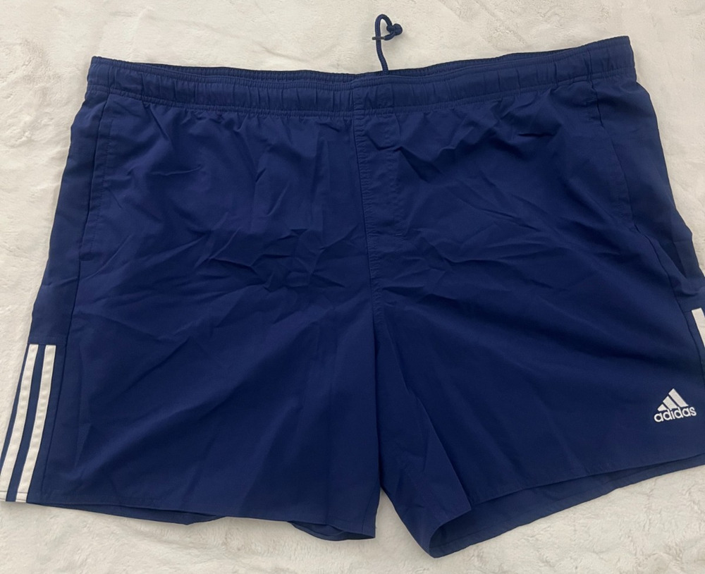 Adidas Mens Swim Trunks Size 2XL Blue 3 Stripe Mesh Lined Drawstring Shorts